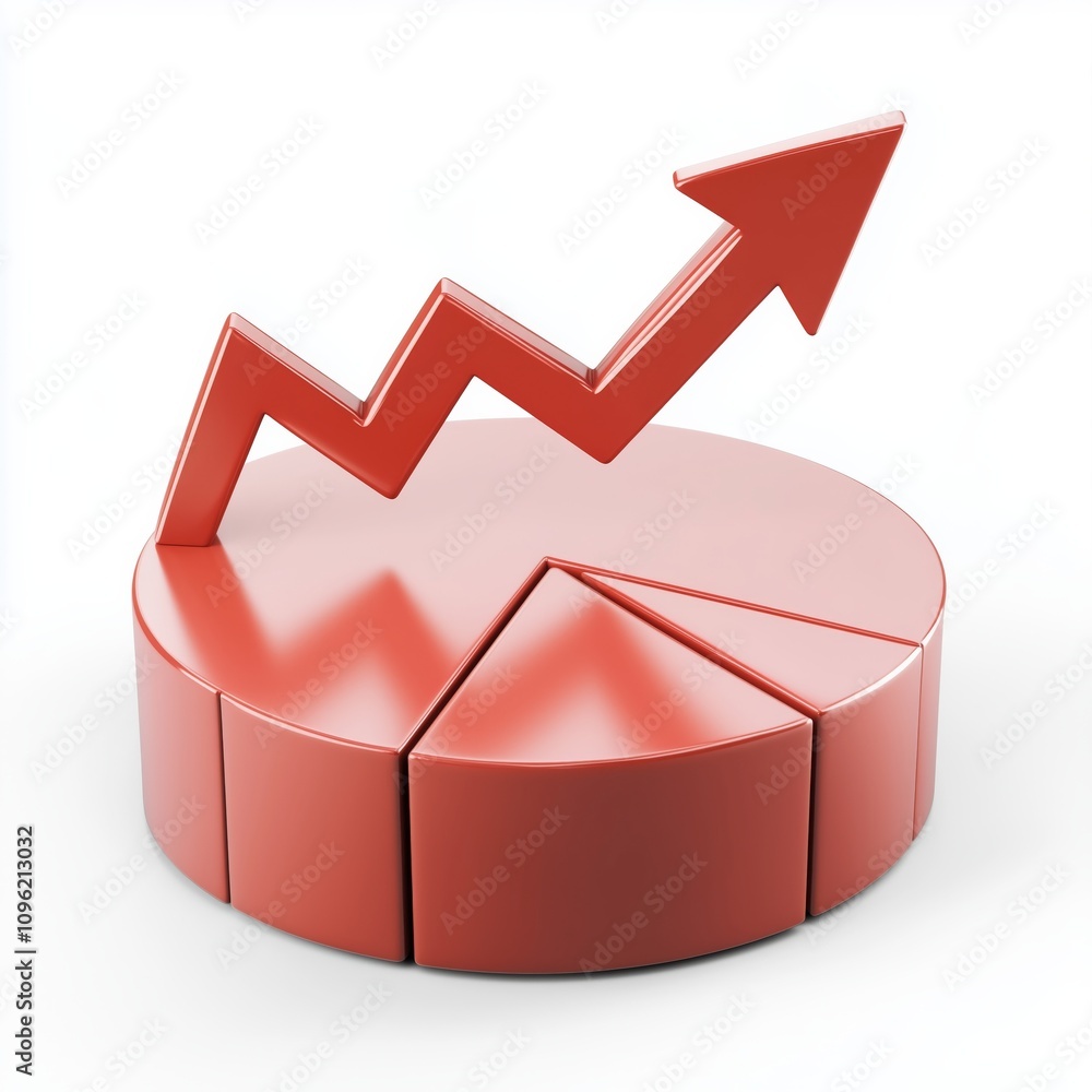 Poster 3d rendered pie chart graph with up arrow isolated on white background
