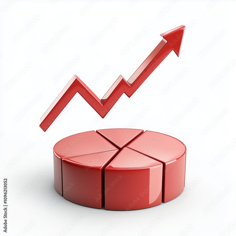 Poster 3d rendered pie chart graph with up arrow isolated on white background