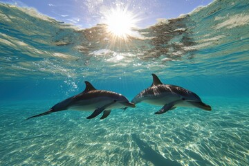 Fototapeta premium Dolphins swimming underwater tropical ocean marine life natural habitat scenic view