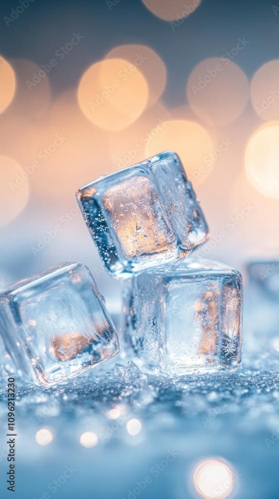 Aufkleber three ice cubes on a shimmering surface with a blurred bokeh background.