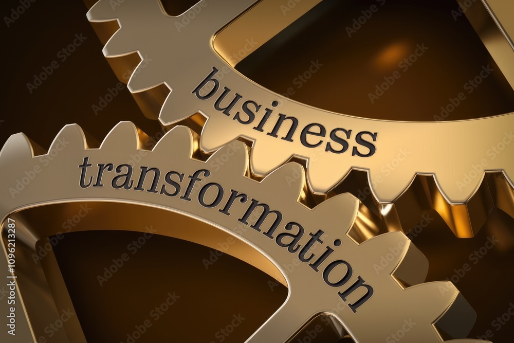 Poster golden gears with 'business transformation' inscribed representing change and growth.