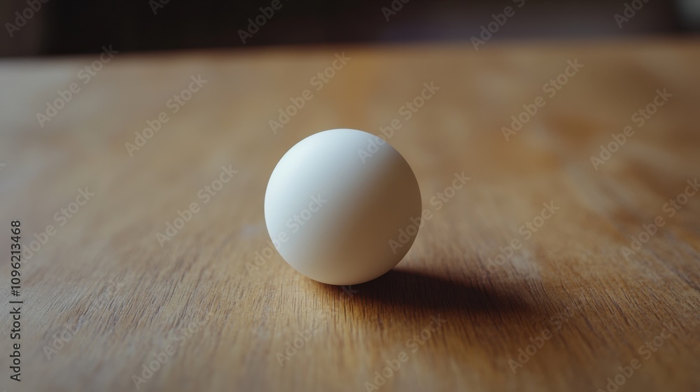 Poster White Ball Positioned on Wooden Table Surface with Soft Lighting and a Subtle Shadow, Emphasizing Texture and Minimalism in a Simple Composition
