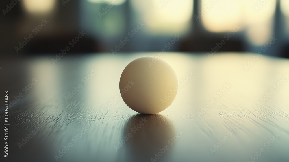 Poster minimalist close-up of a single ping pong ball on a wooden table with soft focus background and natu