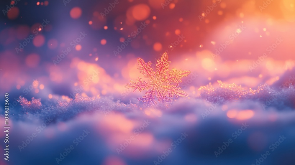 Poster delicate snowflake on soft fluffy snow with warm glowing hues in background capturing the essence of