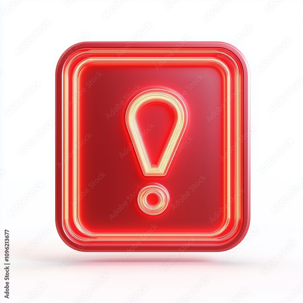 Poster 3d social media notification neon light exclamation mark icon in red rounded square pin isolated ove