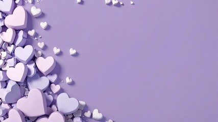 3D lilac mini hearts on corners space for text on contrast background