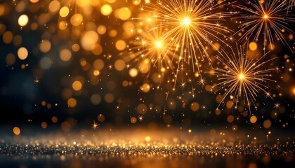Obraz premium Abstract gold glitter background with fireworks. christmas eve, New Year, and 4th of July holiday concept. Blue and gold Abstract background and bokeh on New Year's Eve.