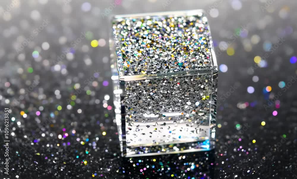 Poster shiny glitter cube with colorful reflections and sparkles on dark background.