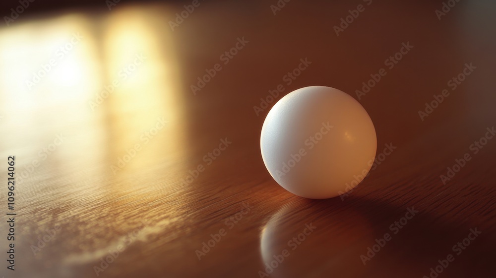 Poster close-up view of a single white ping pong ball on a polished wooden table with soft light reflection