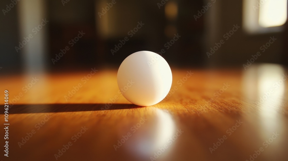 Poster minimalistic image of a single ping pong ball on a wooden surface with soft light and shadows creati