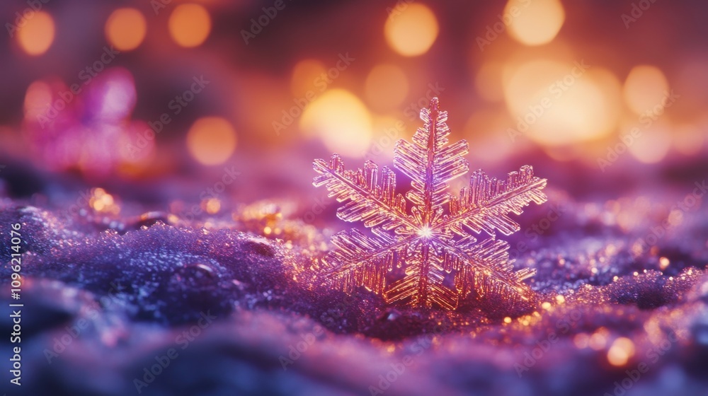 Poster beautifully crafted snowflake on a sparkling surface with warm bokeh background for magical winter o