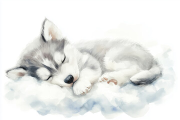 A charming watercolor illustration of a cute Siberian Husky puppy peacefully sleeping on a fluffy cloud. The puppy's soft fur, closed eyes, and relaxed posture convey a sense of tranquility 
