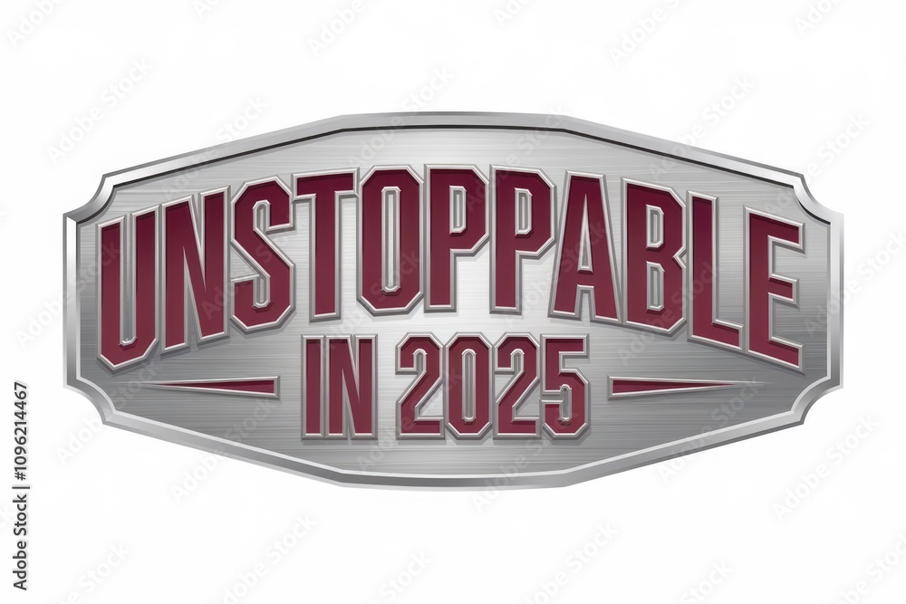 Poster a silver and red metal badge with 'unstoppable in 2025' written on it.