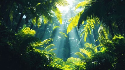 Lush tropical forest bathed in sunlight with rays piercing through vibrant green treetops and dense foliage creating a serene atmosphere.
