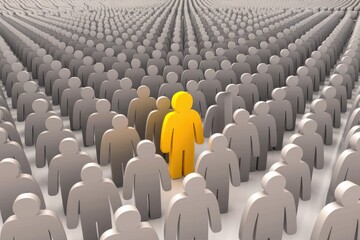 Fototapeta premium A single yellow figure stands out from a crowd of gray figures.