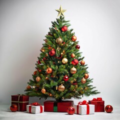 Christmas tree pine with gift decoration decor balls garlands white backcround