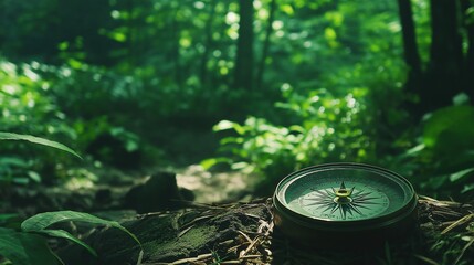 Naklejka premium Compass on Forest Floor in Nature Scene