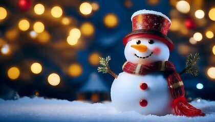 Fototapeta premium Snowman on a front yard of idyllic house decorated with lights and garlands for Christmas