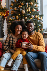 Happy African American family spending together Christmas in home decorated with Christmas tree, decorations and lights. Festive mood, holidays full of happiness. Smiling children and parents.
