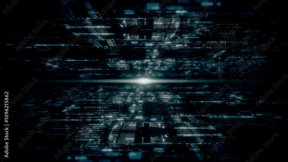 Aufkleber Futuristic network simulation blending AI, quantum physics, and deep learning, with a particle matrix analyzing data in a sleek, HUD-style interface