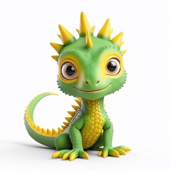 Fototapeta premium Adorable Cartoon Lizard Green Reptile Cute Baby Dragon Fantasy Creature 3D Render