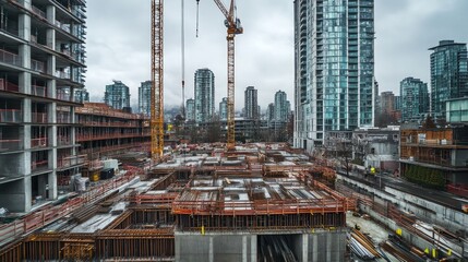 Urban construction site with cranes, high-rise buildings, and overcast sky.