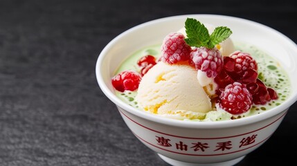 Delicious dessert with ice cream and raspberries.