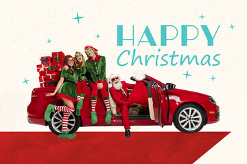 Poster trend sketch template 3D photo collage of santa claus uniform aged man team elf guy lady...