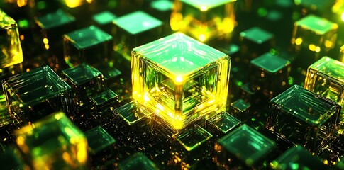Abstract digital composition featuring glowing, translucent cubes in a vibrant color palette.