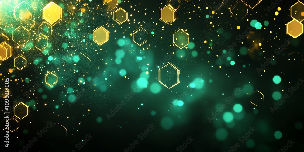 Poster Abstract background with glowing hexagons and bokeh effects in teal and gold.
