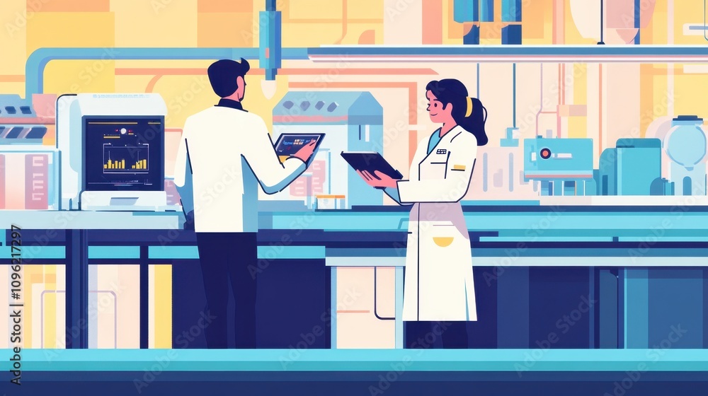 Poster two professionals analyzing data in a modern laboratory setting with high-tech equipment and colorfu