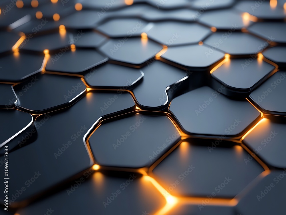 Poster a close-up view of a textured surface with hexagonal patterns and glowing edges.