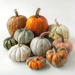 A Colorful Collection of Decorative Pumpkins Displayed on a Neutral Background for Autumn and Halloween Seasonal Decor Inspiration