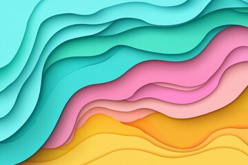 Cover or flyer template with abstract paper cut blue green pink yellow background. Vector template in carving art style 