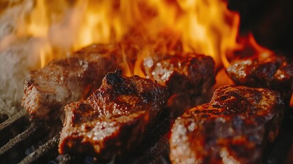 Close-up of sizzling grilled meats surrounded by vibrant flames, highlighting juicy textures and smoky essence of barbecue cooking.