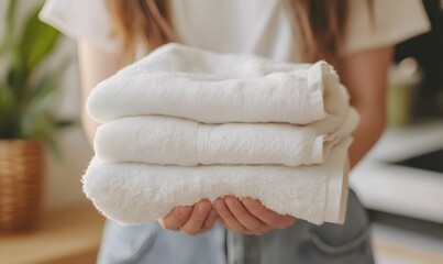 Close up of young woman handling new laundry of towels at home, Generative AI