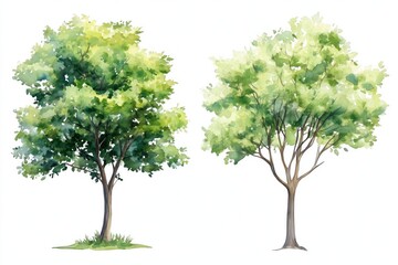 Set of watercolor green tree isolated on white background for landscape and architecture drawing, elements for environment and garden, botanical for section in spring 