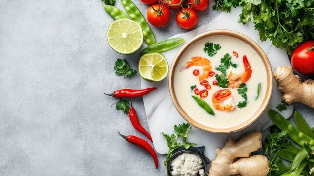 Creamy Thai coconut soup with shrimp, cherry tomatoes, snow peas, ginger, and chili peppers surrounded by fresh cilantro and lime on a marble board