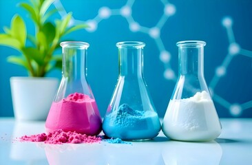 Powders of pink, blue and green colors are in glass flasks on a white laboratory table and a soft blue background with a molecular diagram, complemented by a green background with images of plants and