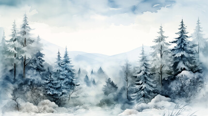 Watercolor painting empty panoramic winter background with copy space