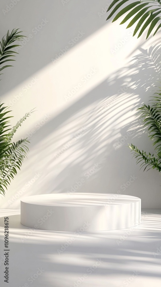 Poster minimalist white podium with tropical palm leaf shadows casting intricate patterns, creating a seren