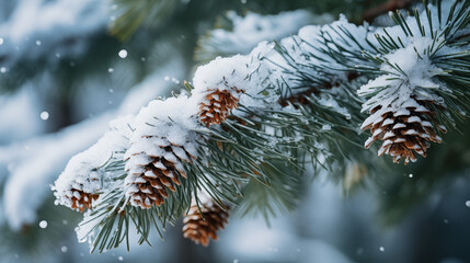 Tree branches covered in snow. closeup of snow covered evergreen branch in forest. snow covered pine needles