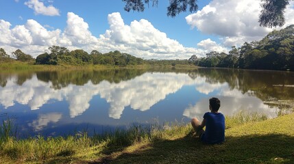 Tranquil Reflection by the Lake: A Person Enjoying Nature Amidst Serene Waters and Lush Greenery Under Bright Blue Sky with Fluffy White Clouds