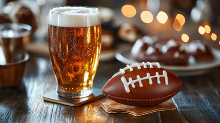 Glass of beer with chocolate football on rustic wooden table during festive gathering