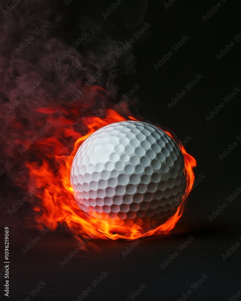 Poster a golf ball surrounded by flames, creating a dynamic and striking visual effect against a dark backg