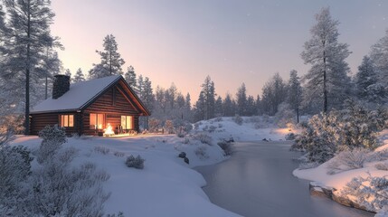 Obraz premium Charming wooden eco lodge nestled among snow-covered pines, showcasing a glowing fireplace by a tranquil stream on a calm winter evening. Ideal for relaxation.