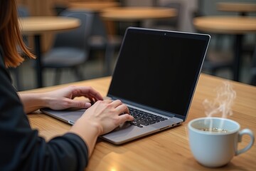 Fototapeta premium Person typing on a sleek, silver laptop with subtle reflections, at a modern coworking space with polished wooden desks and ergonomic chairs
