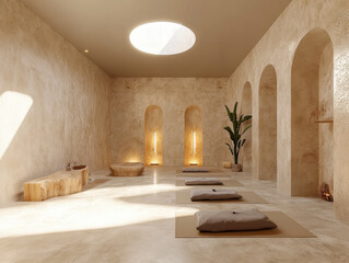 Tranquil meditation space with natural light and serene decor in a calming atmosphere