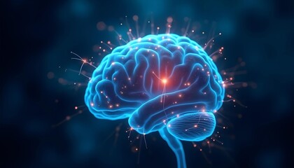 A large, detailed brain with various circuits, nodes, and data visualized overlaid on an image.