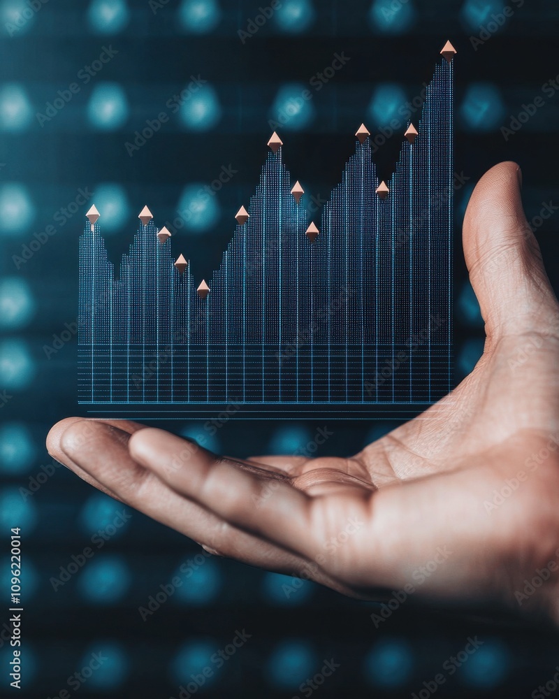Poster a hand holds a digital graph displaying upward trends, symbolizing growth, progress, and data analys